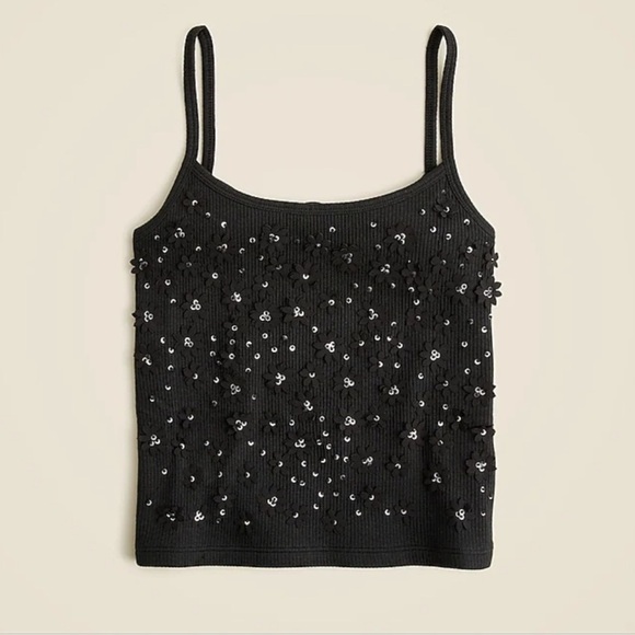 NWT J. CREW Floral Embellished Rib Tank Top Black Large - Picture 1 of 8